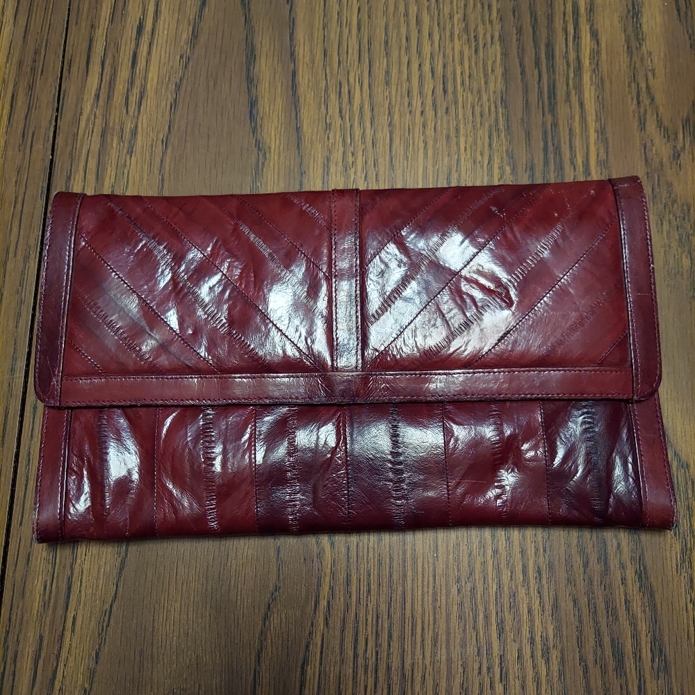 Vintage Genuine Eel Skin Clutch Wallet Purse Burgundy - Picture 5 of 9